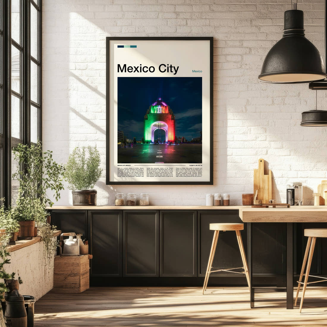 Mexico City Illuminated Monument Arch Travel Print framed on the wall of a bright kitchen and dining space