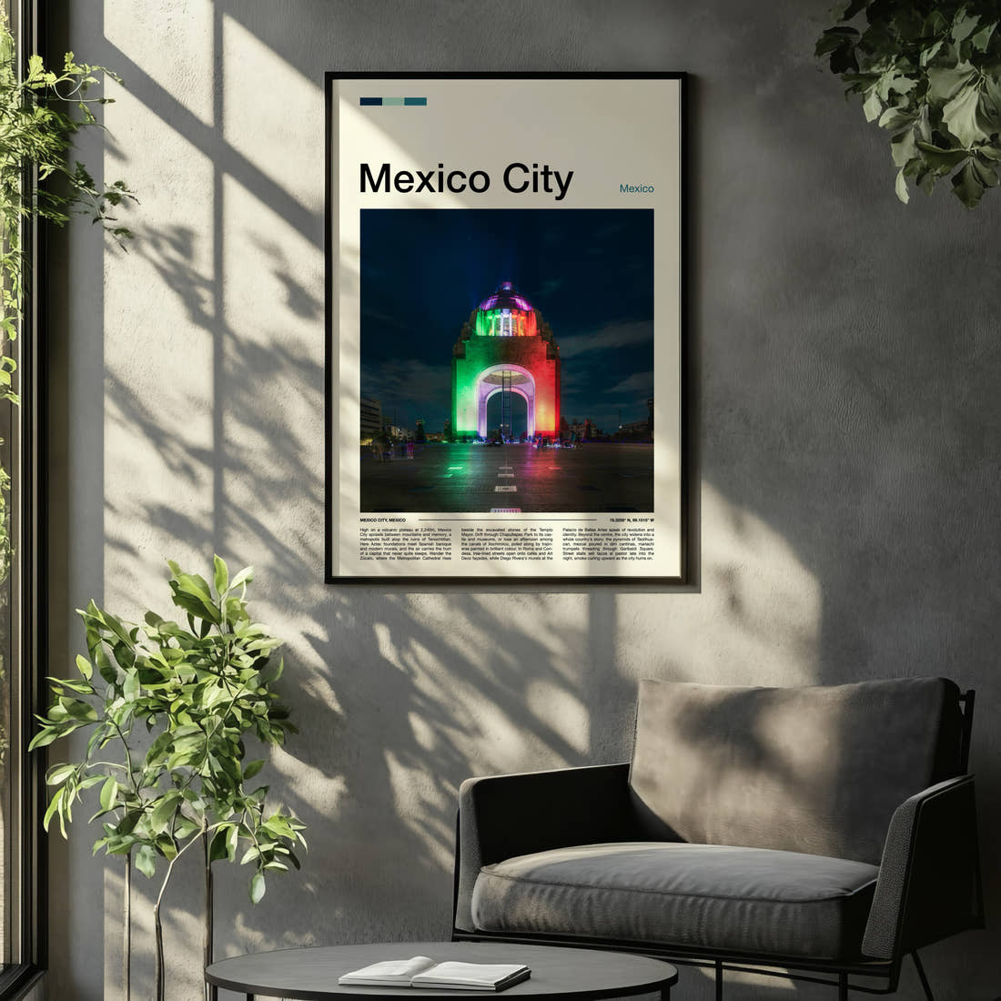 Mexico City Illuminated Monument Arch Travel Print framed on the wall of a relaxed living room