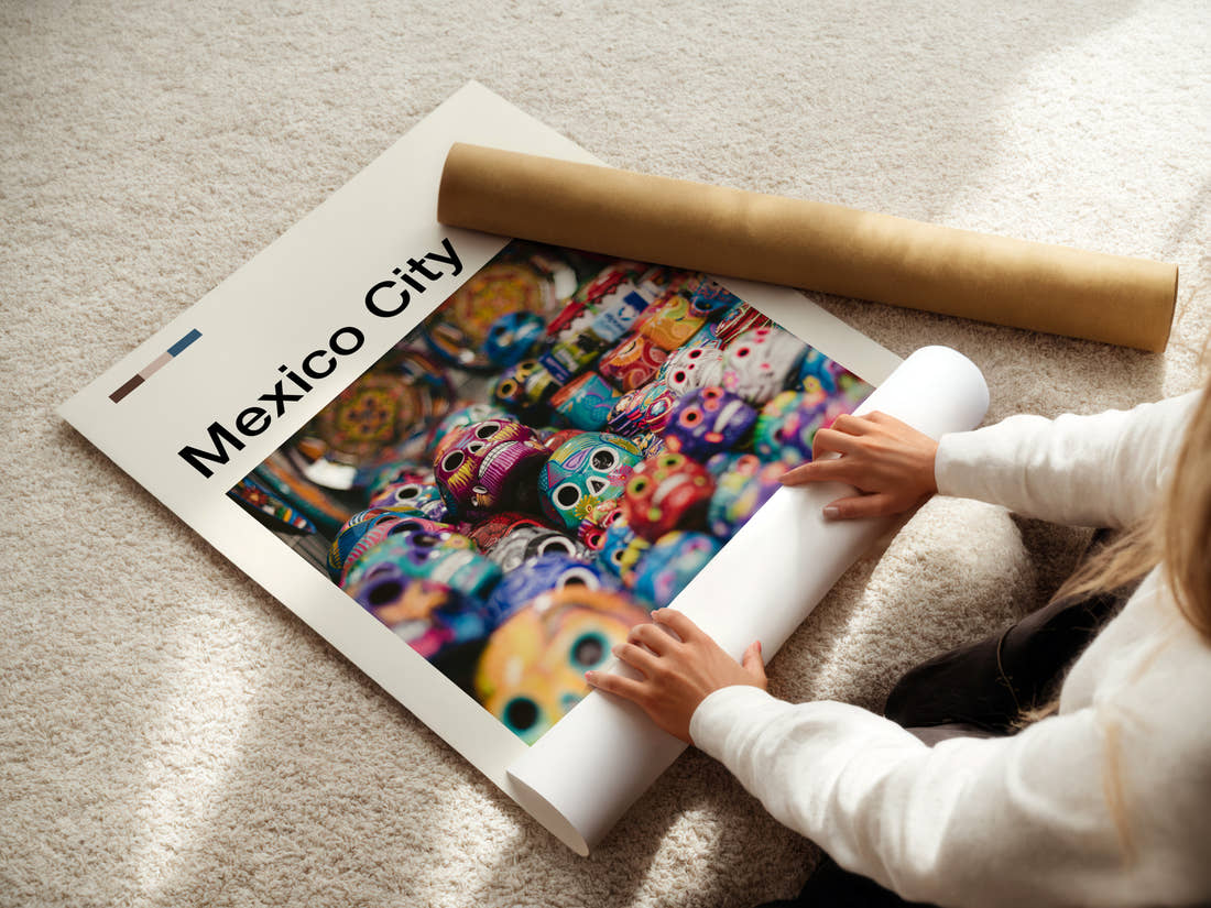 Mexico City Painted Calavera Skulls Travel Print being unrolled from its postal tube