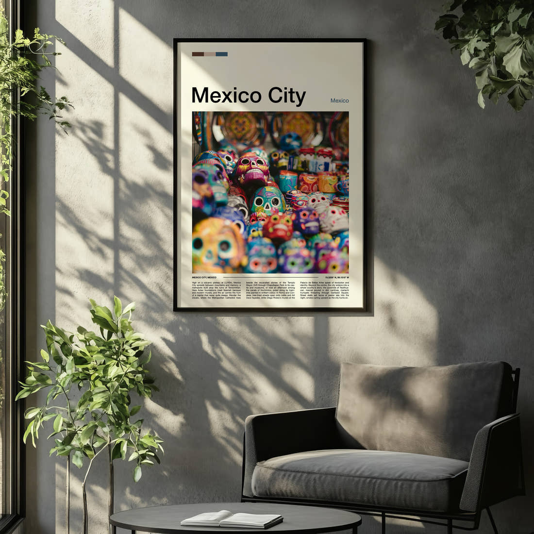 Mexico City Painted Calavera Skulls Travel Print framed on the wall of a relaxed living room