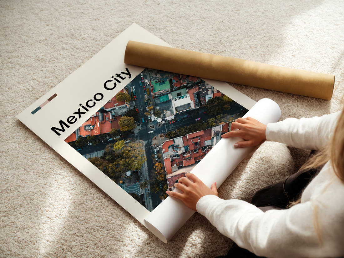 Mexico City Aerial Street Grid Travel Print being unrolled from its postal tube