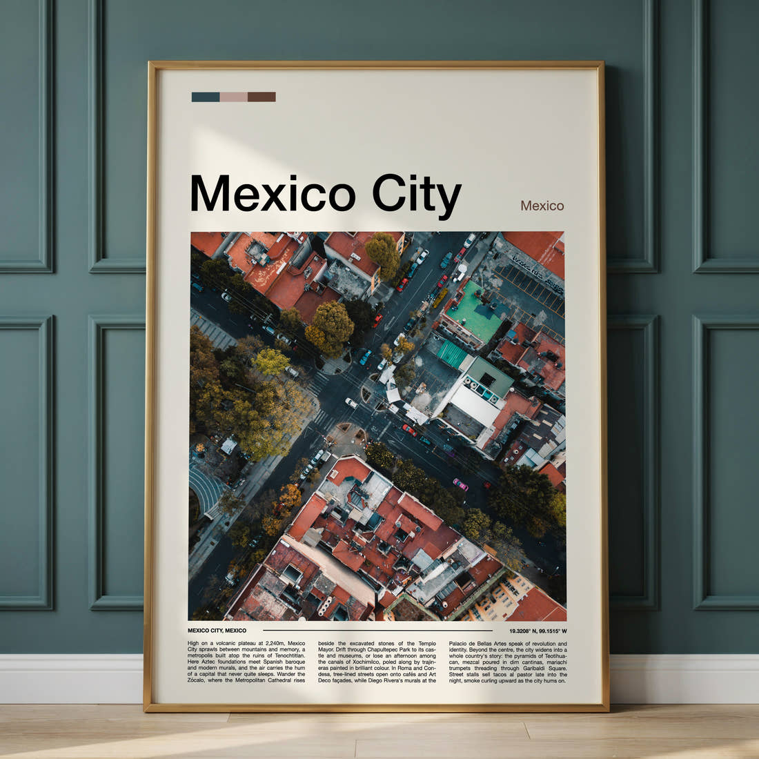 Mexico City Aerial Street Grid Travel Print framed on the wall of a calm, neutral bedroom