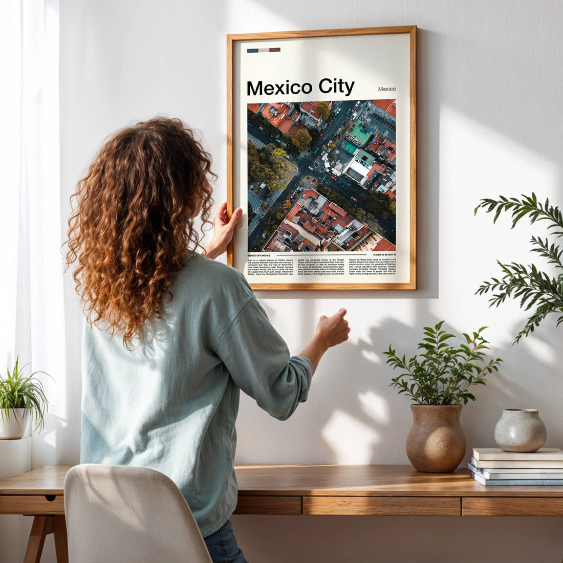 Mexico City Aerial Street Grid Travel Print framed on a pale wall beside houseplants