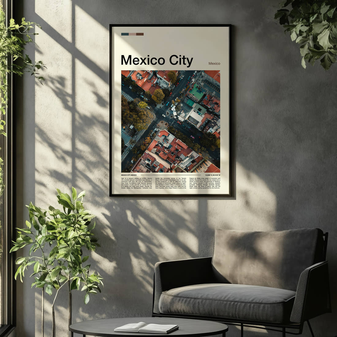 Mexico City Aerial Street Grid Travel Print framed on the wall of a relaxed living room