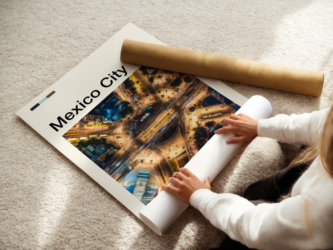 Mexico City Aerial Traffic Roundabout Travel Print being unrolled from its postal tube