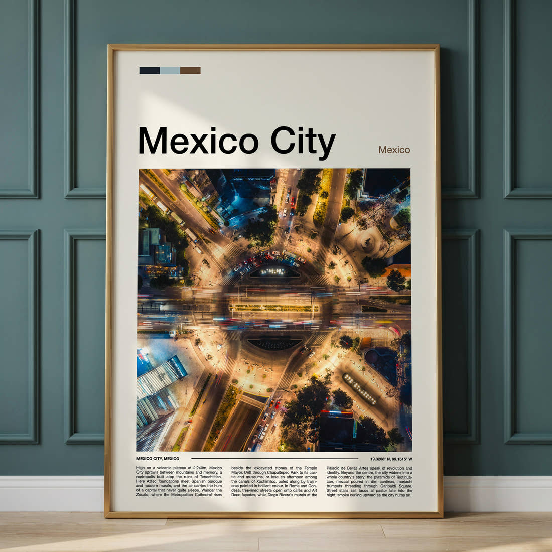 Mexico City Aerial Traffic Roundabout Travel Print framed on the wall of a calm, neutral bedroom