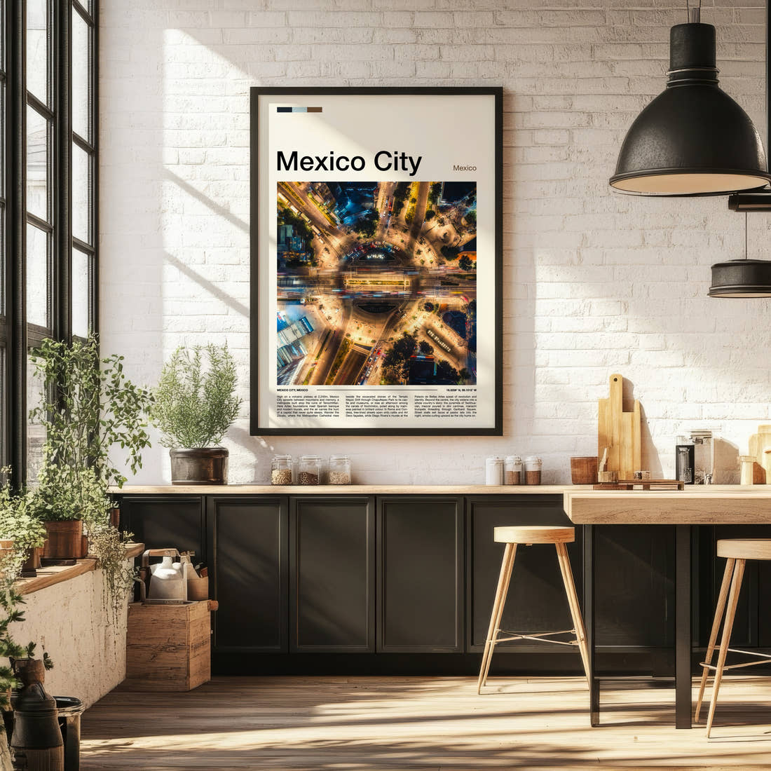 Mexico City Aerial Traffic Roundabout Travel Print framed on the wall of a bright kitchen and dining space
