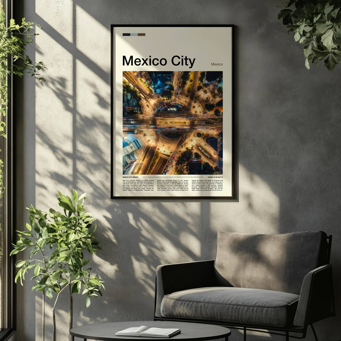 Mexico City Aerial Traffic Roundabout Travel Print framed on the wall of a relaxed living room