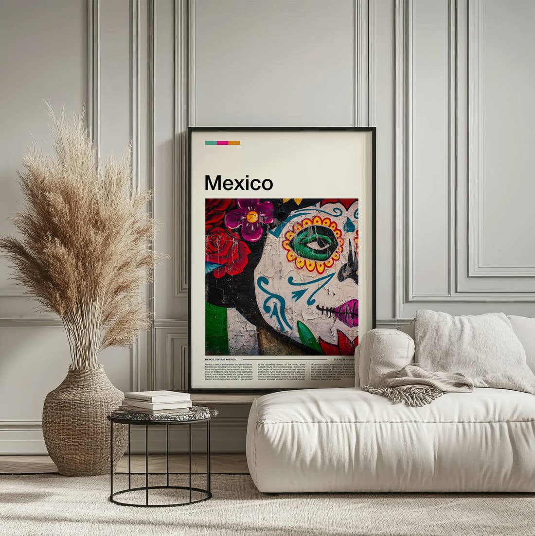 Mexico Sugar Skull Mural Travel Print framed on the wall of a calm, neutral bedroom