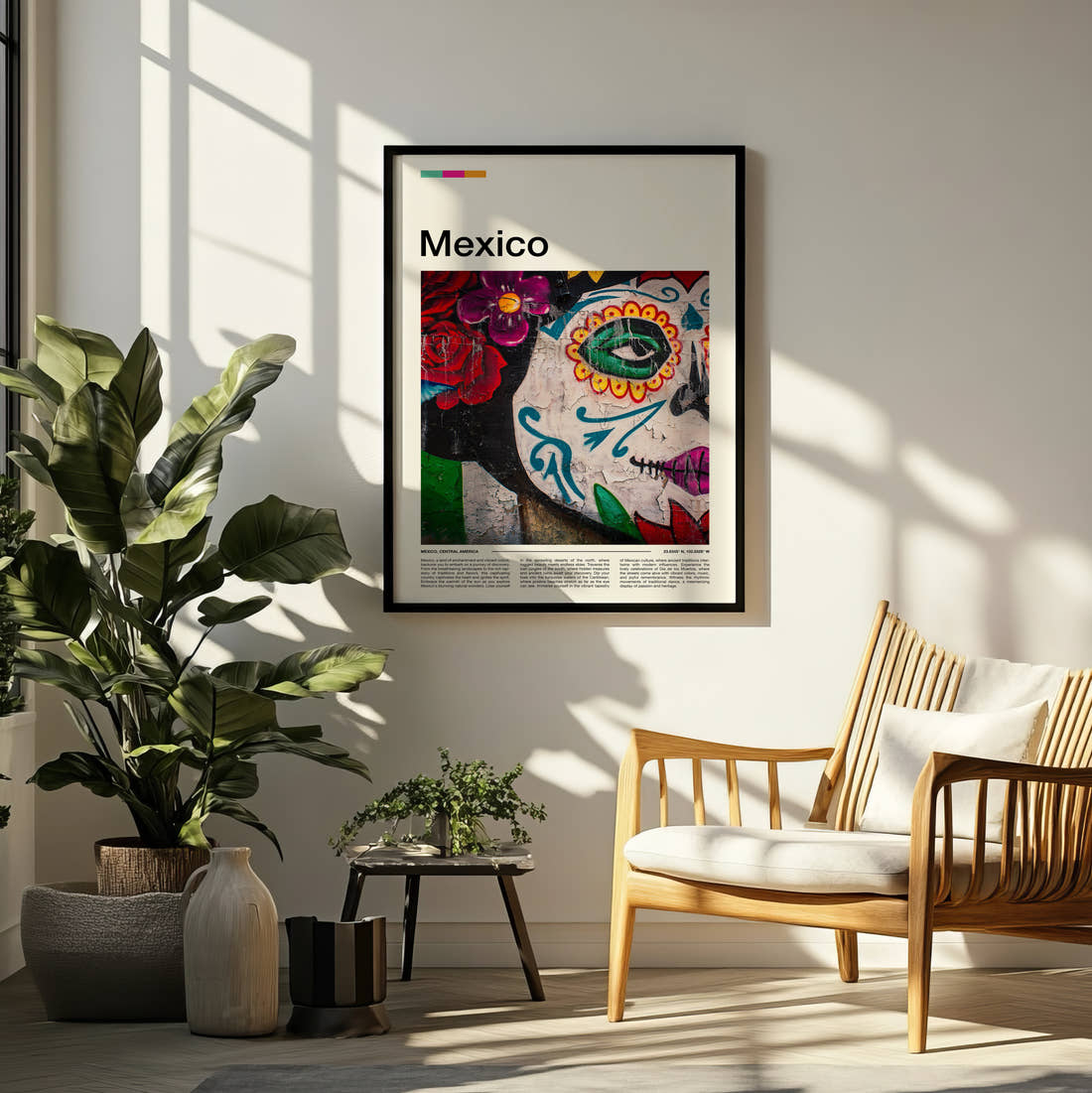 Mexico Sugar Skull Mural Travel Print framed on a pale wall beside houseplants