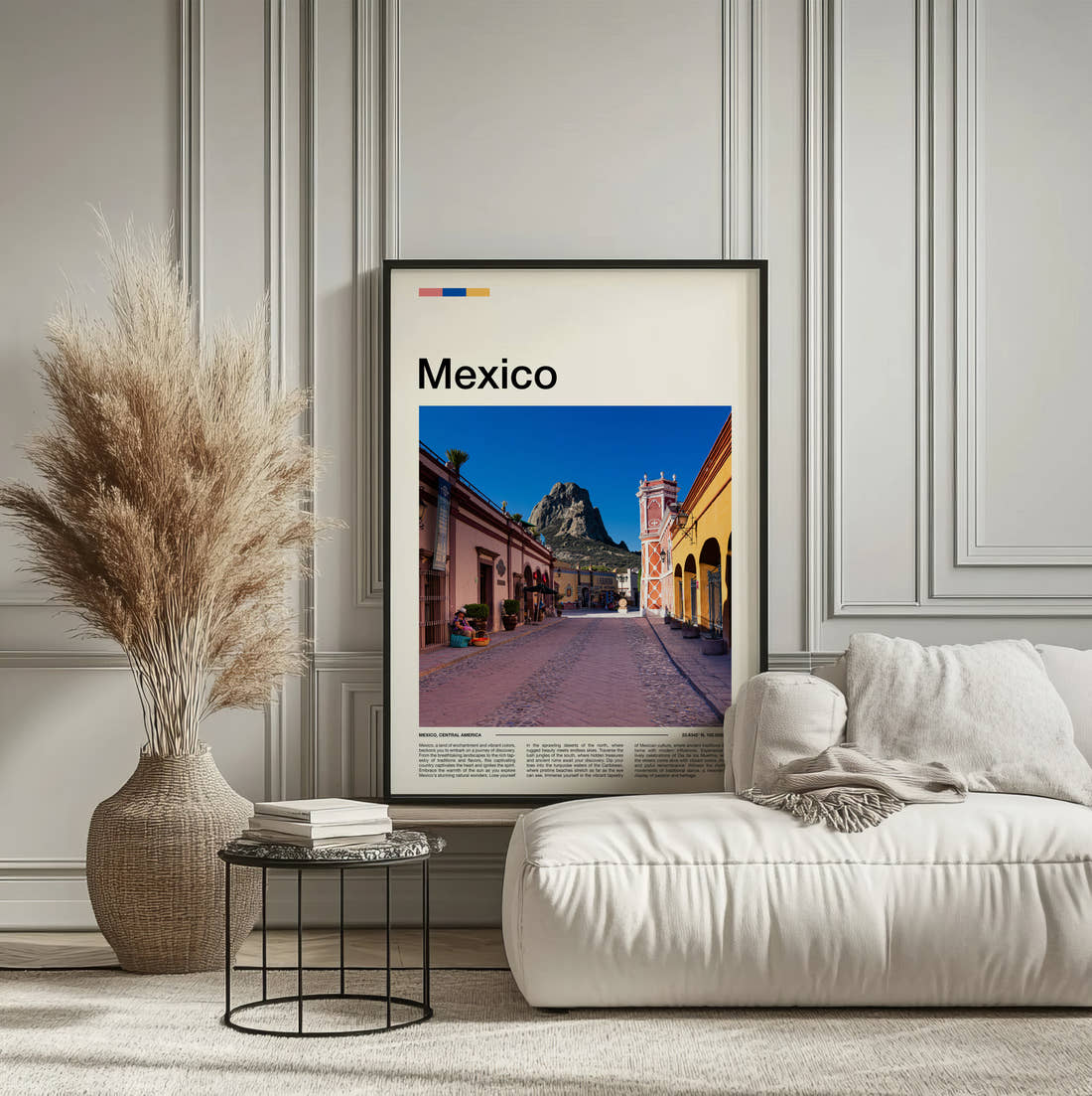 Mexico Pink Cobbled Street Travel Print framed on the wall of a calm, neutral bedroom