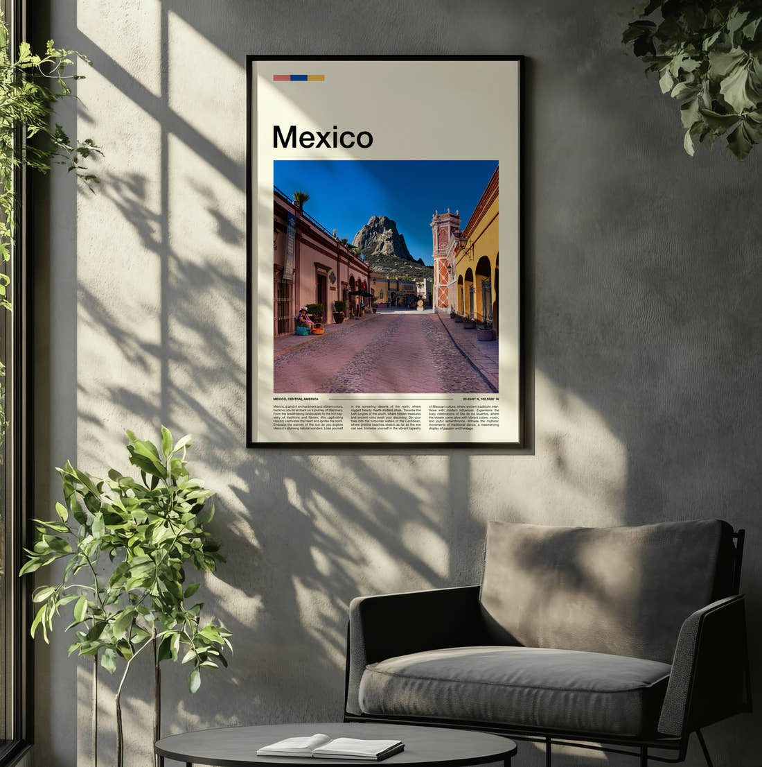 Mexico Pink Cobbled Street Travel Print framed on the wall of a relaxed living room