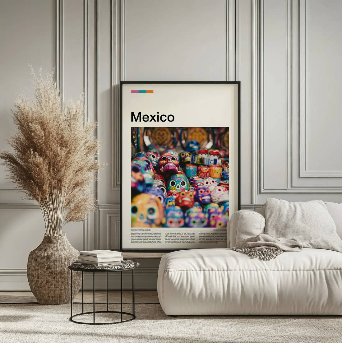 Mexico Colourful Sugar Skulls Close Up Travel Print framed on the wall of a calm, neutral bedroom