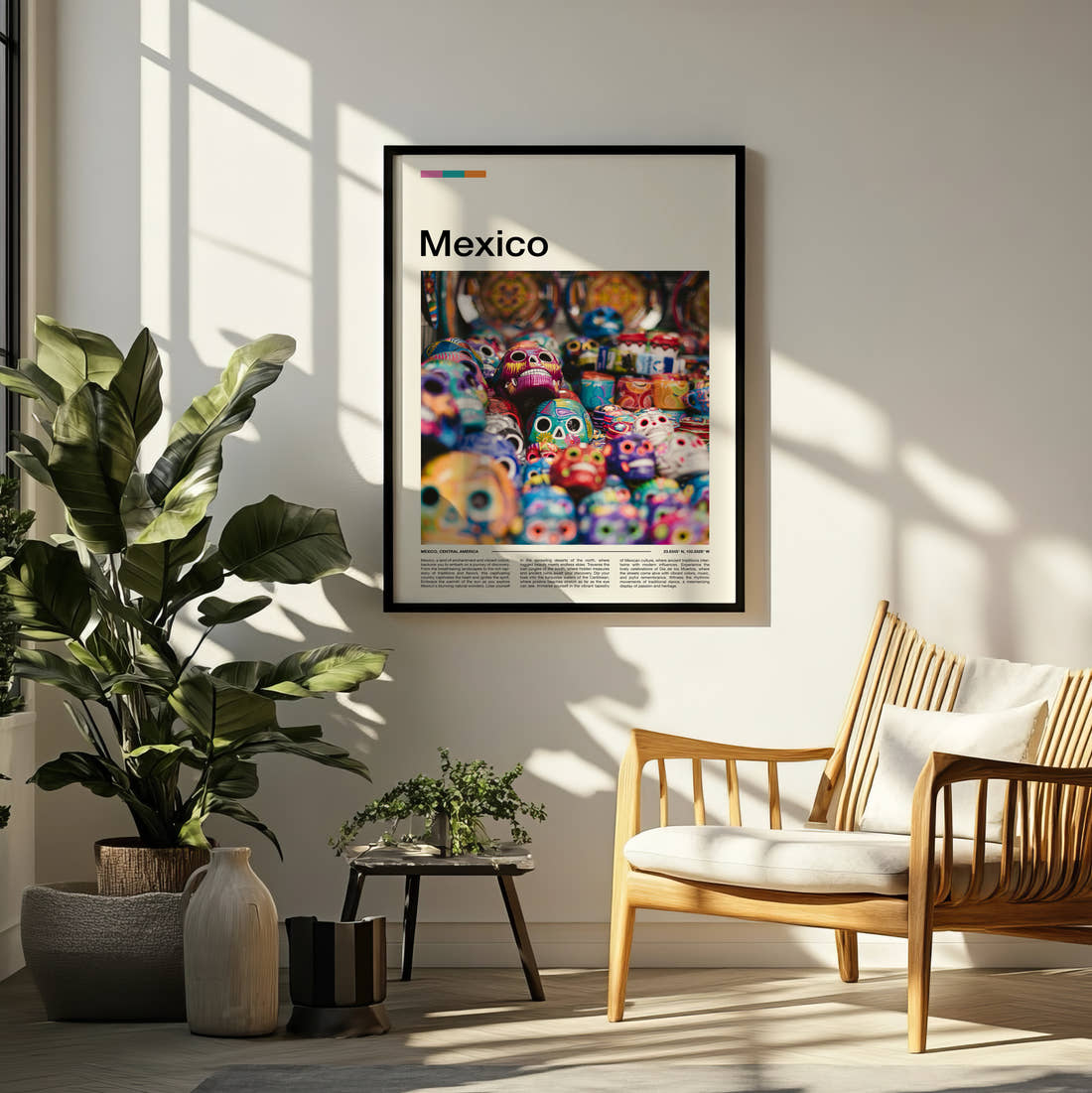 Mexico Colourful Sugar Skulls Close Up Travel Print framed on a pale wall beside houseplants
