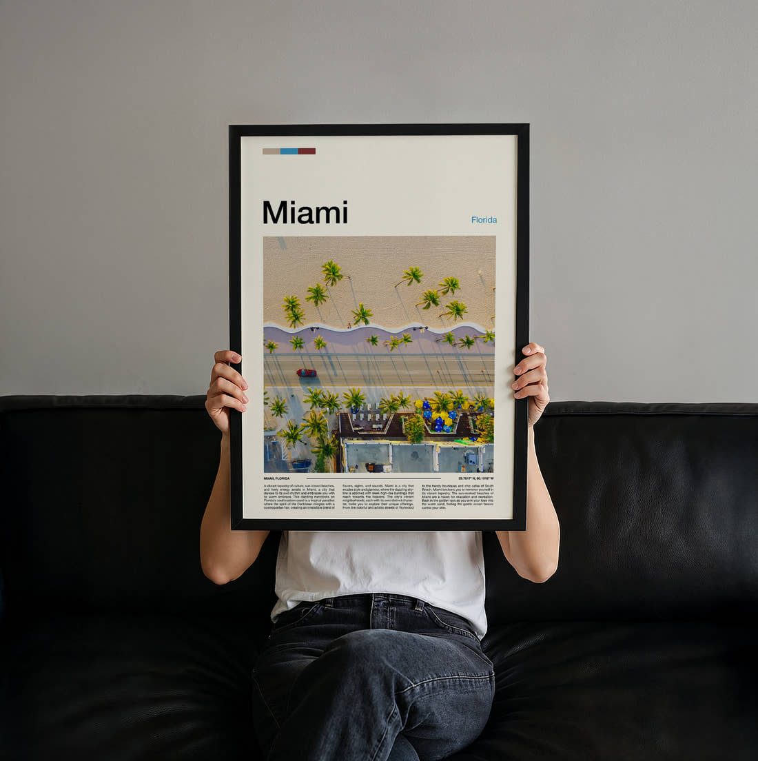 Miami Aerial Palm Trees Travel Print held up by hand to show the size of the print