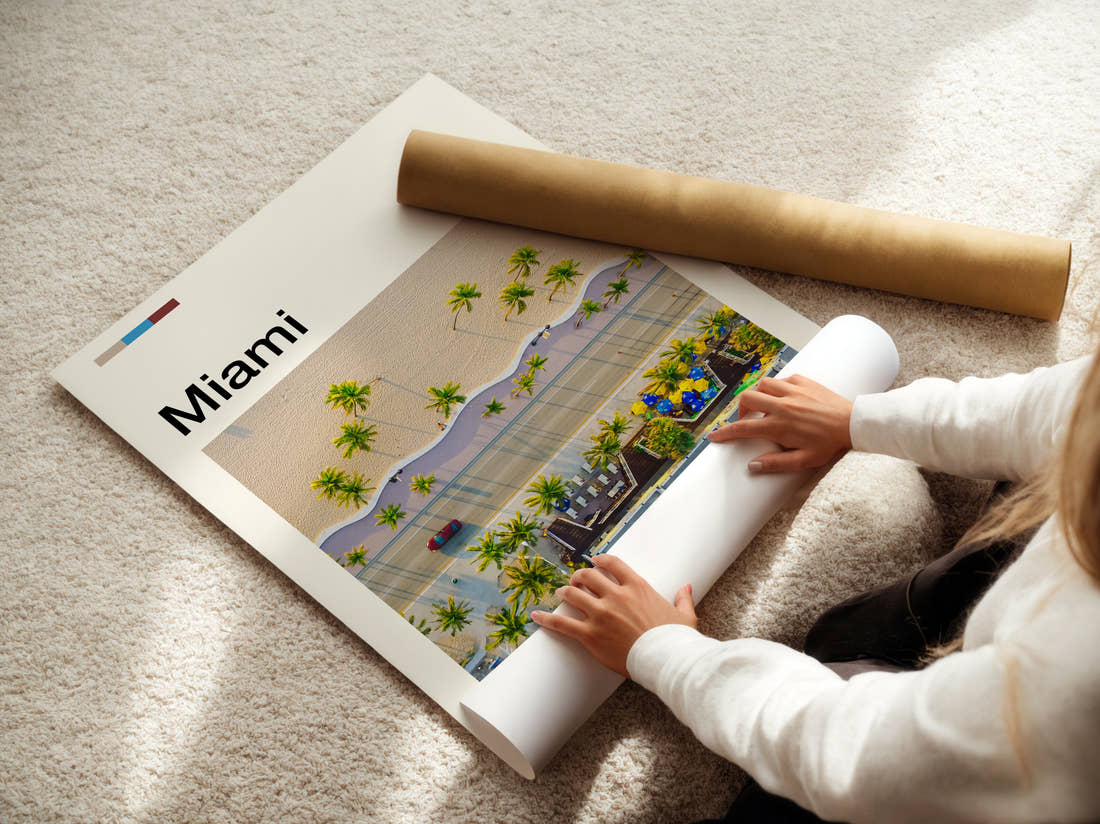 Miami Aerial Palm Trees Travel Print being unrolled from its postal tube