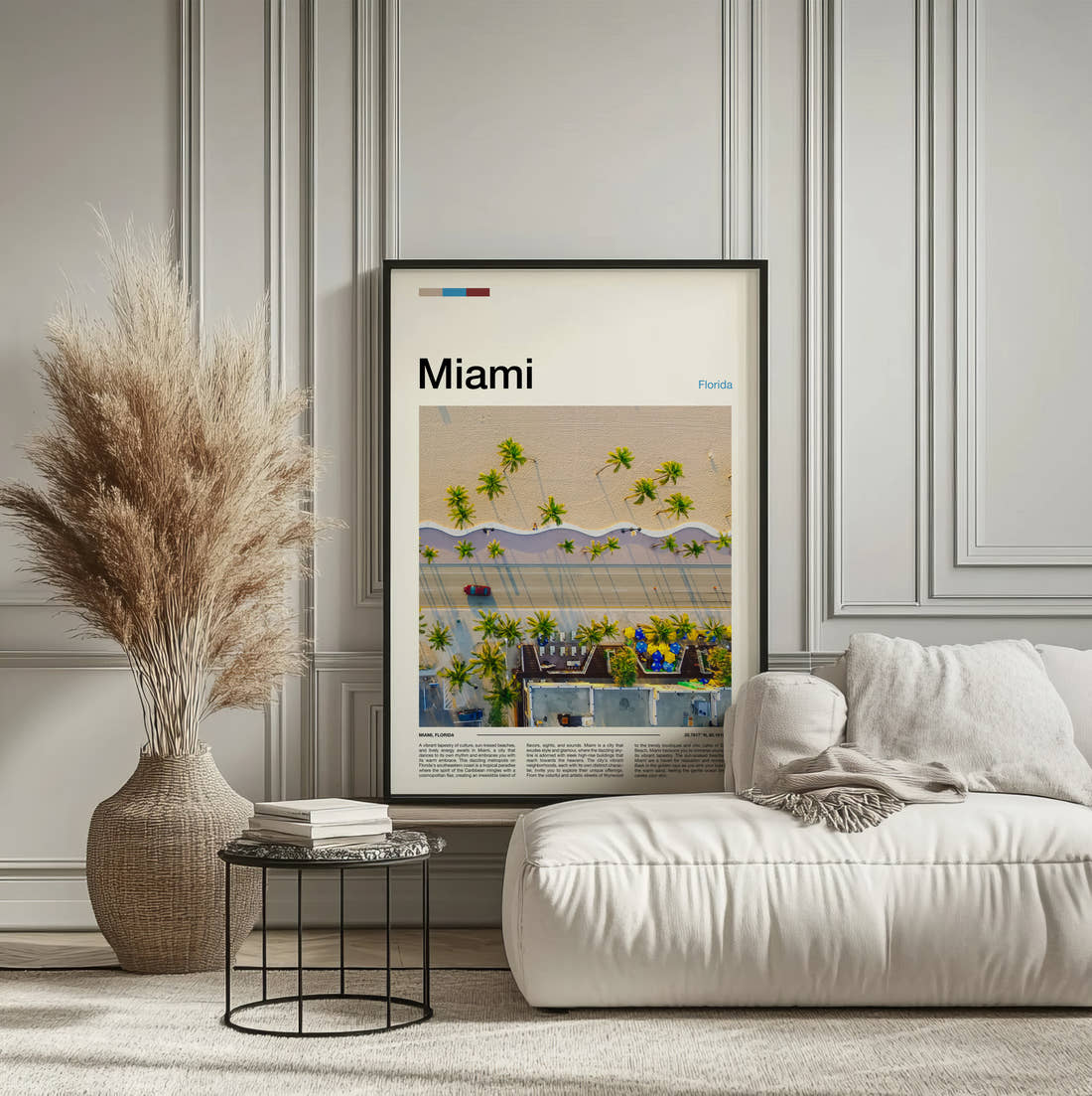 Miami Aerial Palm Trees Travel Print framed on the wall of a calm, neutral bedroom