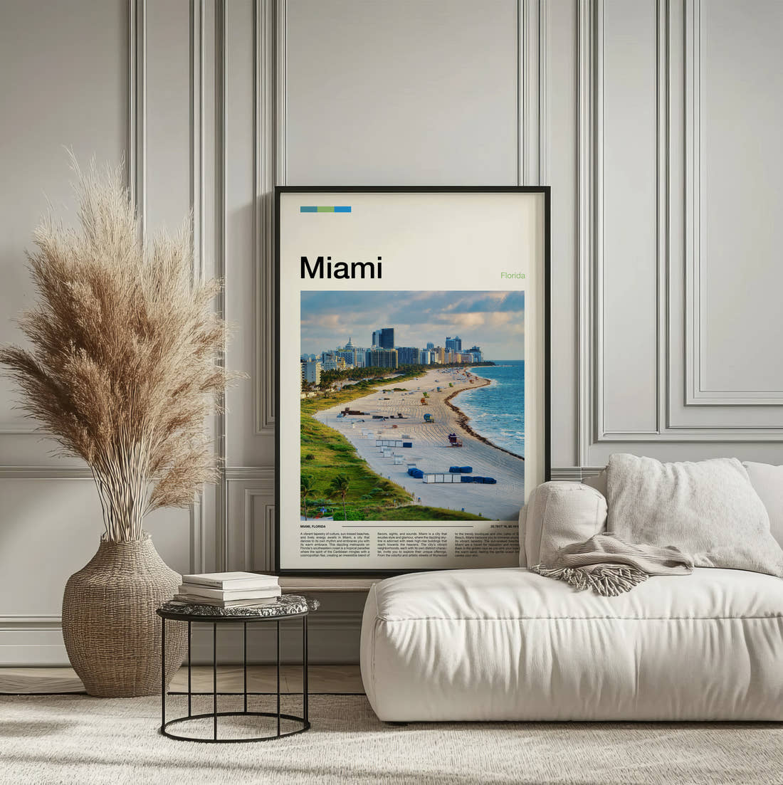 Miami Beach And Skyline Travel Print framed on the wall of a calm, neutral bedroom