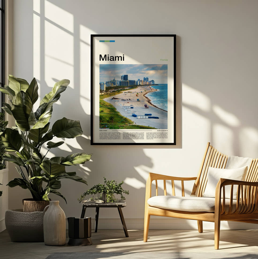 Miami Beach And Skyline Travel Print framed on a pale wall beside houseplants