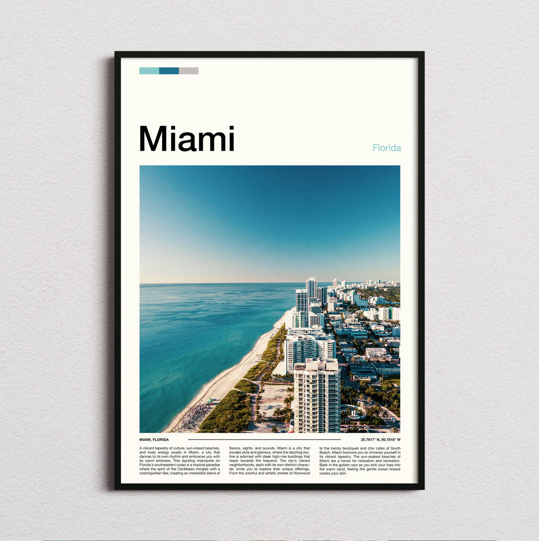 Miami Aerial Coastline Travel Print framed and photographed straight on