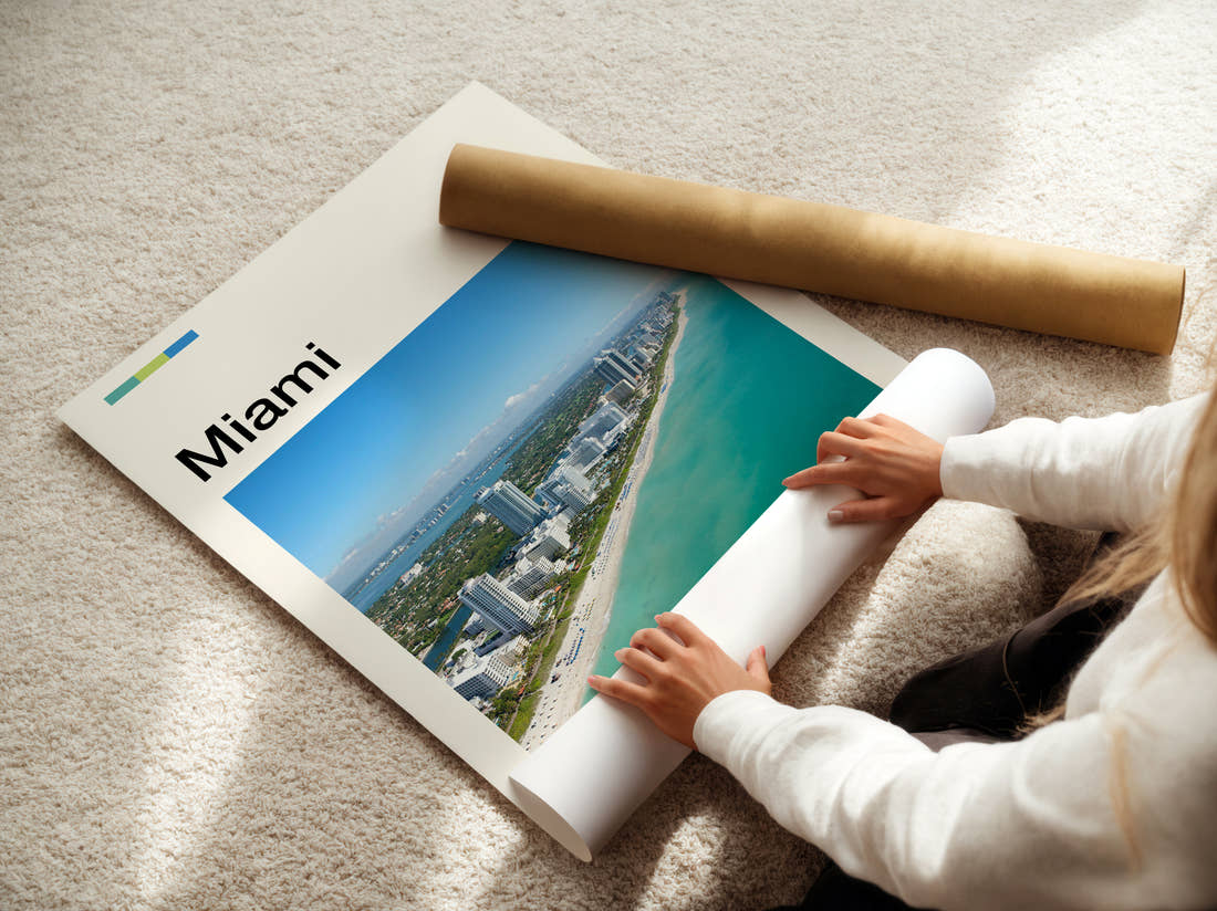 Miami Aerial Beachfront View Travel Print being unrolled from its postal tube