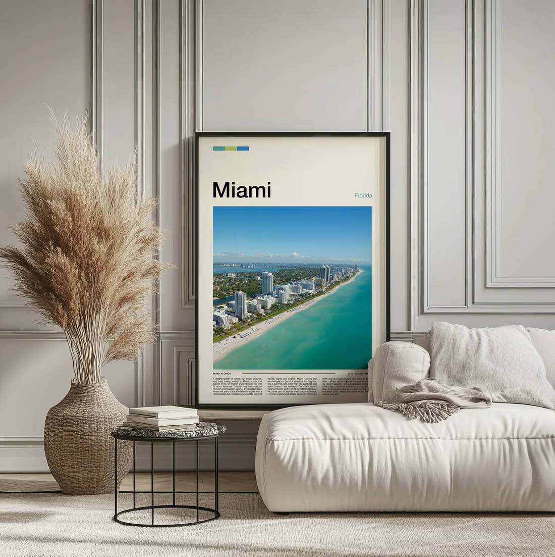 Miami Aerial Beachfront View Travel Print framed on the wall of a calm, neutral bedroom