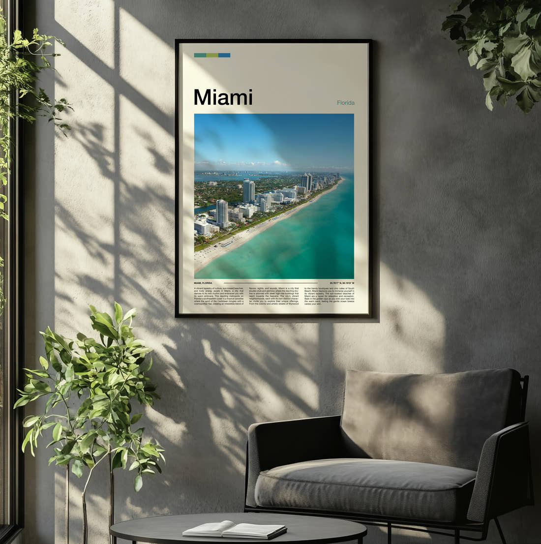 Miami Aerial Beachfront View Travel Print framed on the wall of a relaxed living room