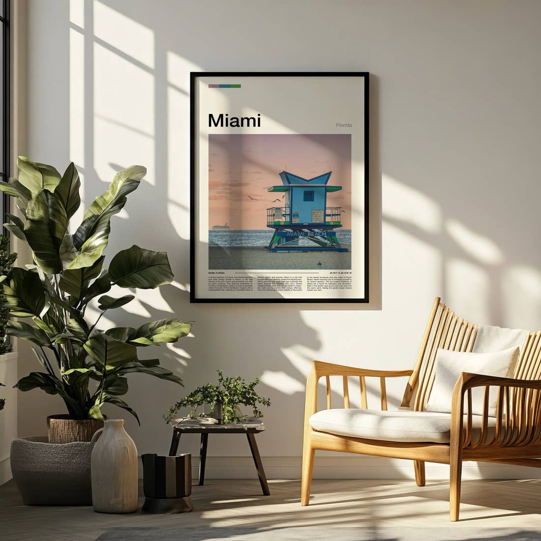 Miami Lifeguard Tower Travel Print framed on a pale wall beside houseplants