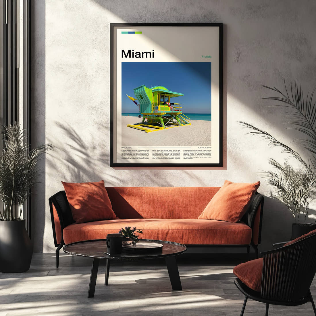 Miami Green Lifeguard Tower Travel Print framed on the wall of a modern living room