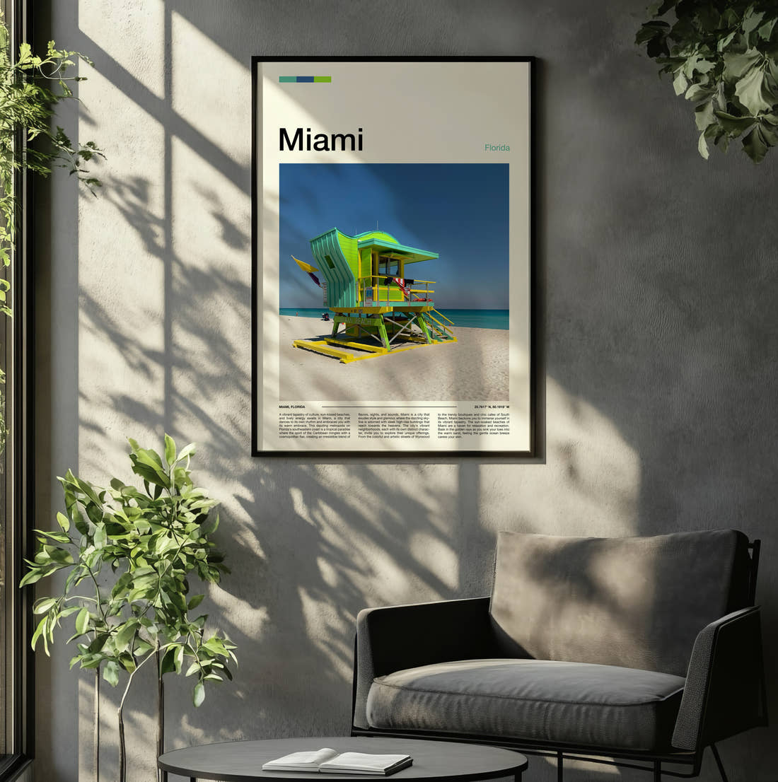 Miami Green Lifeguard Tower Travel Print framed on the wall of a relaxed living room
