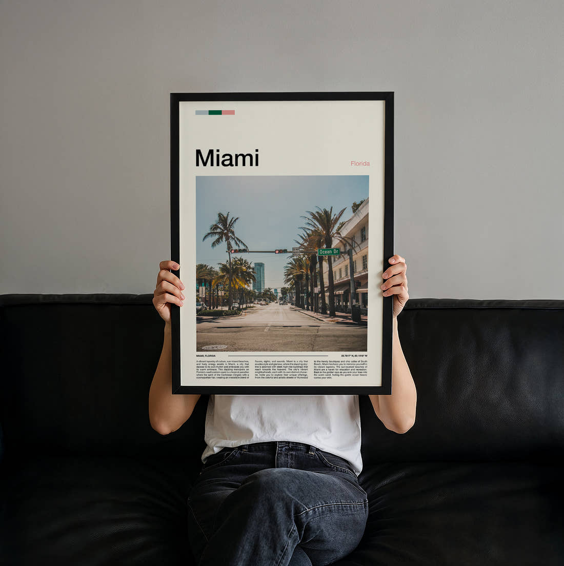 Miami Palm Lined Street Travel Print held up by hand to show the size of the print