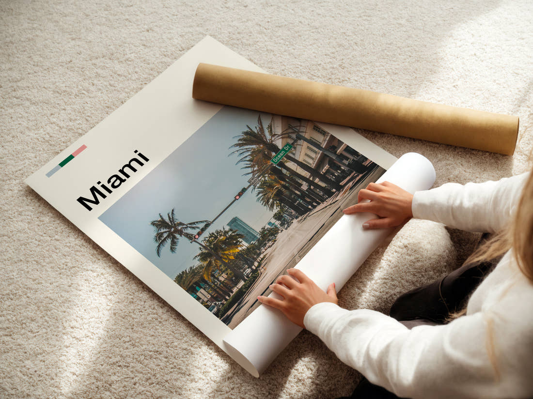 Miami Palm Lined Street Travel Print being unrolled from its postal tube