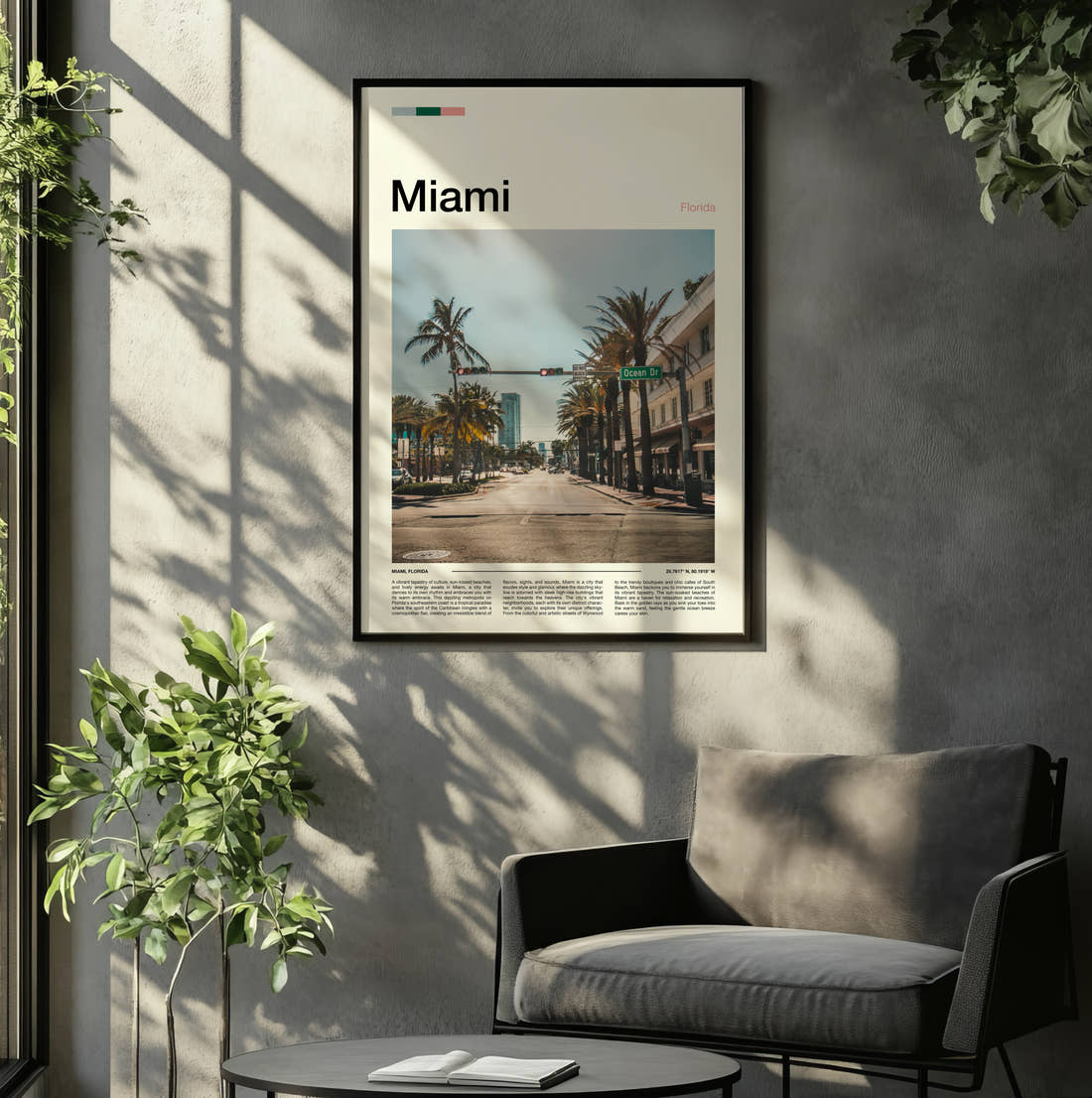 Miami Palm Lined Street Travel Print framed on the wall of a relaxed living room