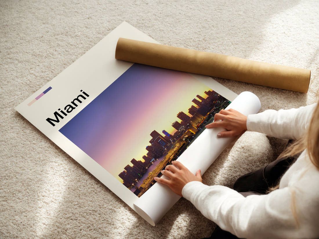 Miami Skyline At Sunset Travel Print being unrolled from its postal tube