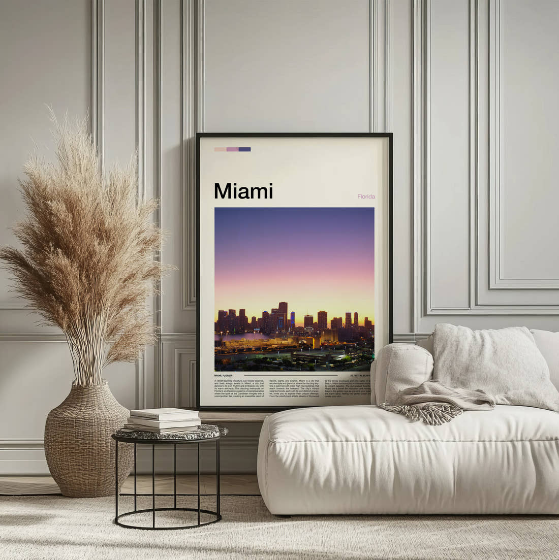Miami Skyline At Sunset Travel Print framed on the wall of a calm, neutral bedroom