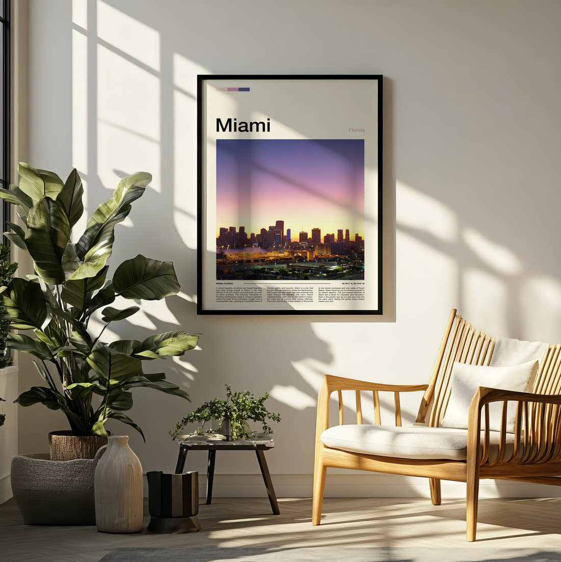 Miami Skyline At Sunset Travel Print framed on a pale wall beside houseplants