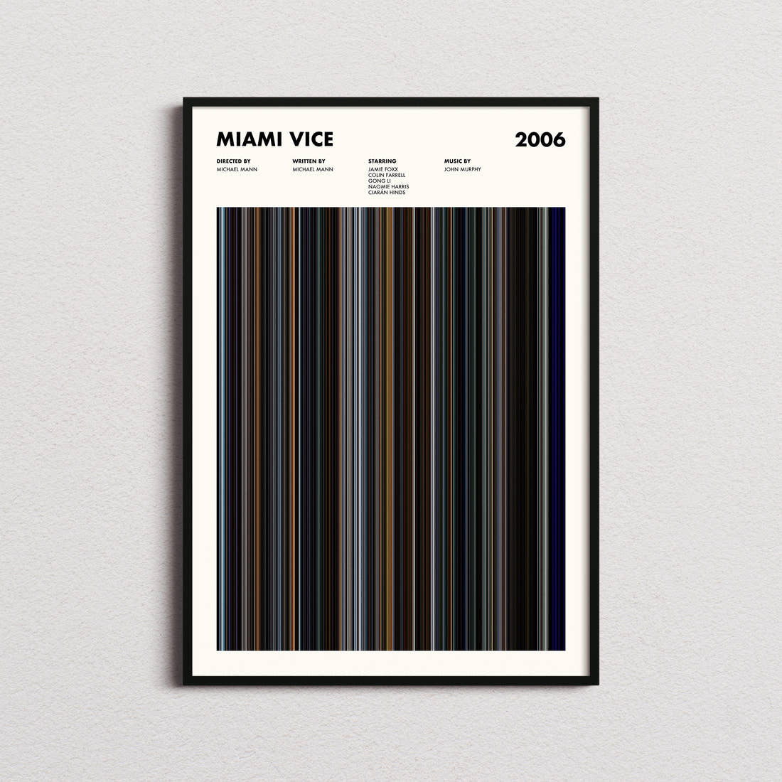Miami Vice Movie Barcode Poster framed on a plain studio wall
