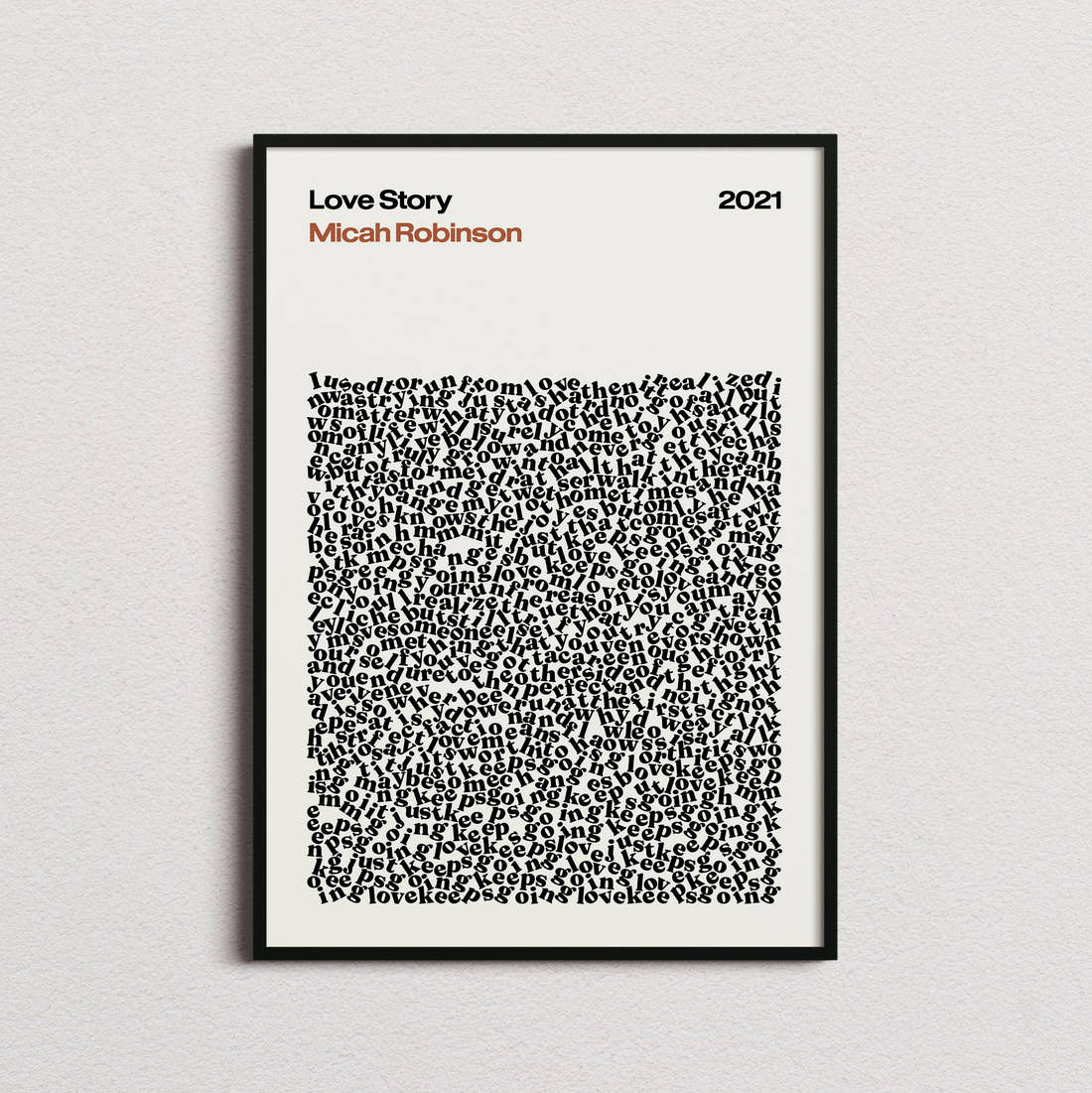 Micah Robinson Love Story Lyric Print in the cream colourway, framed