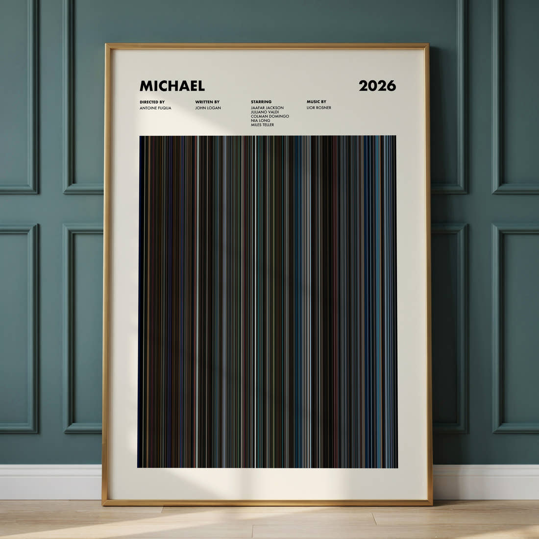 Michael Movie Barcode Poster framed and leaning against a panelled wall