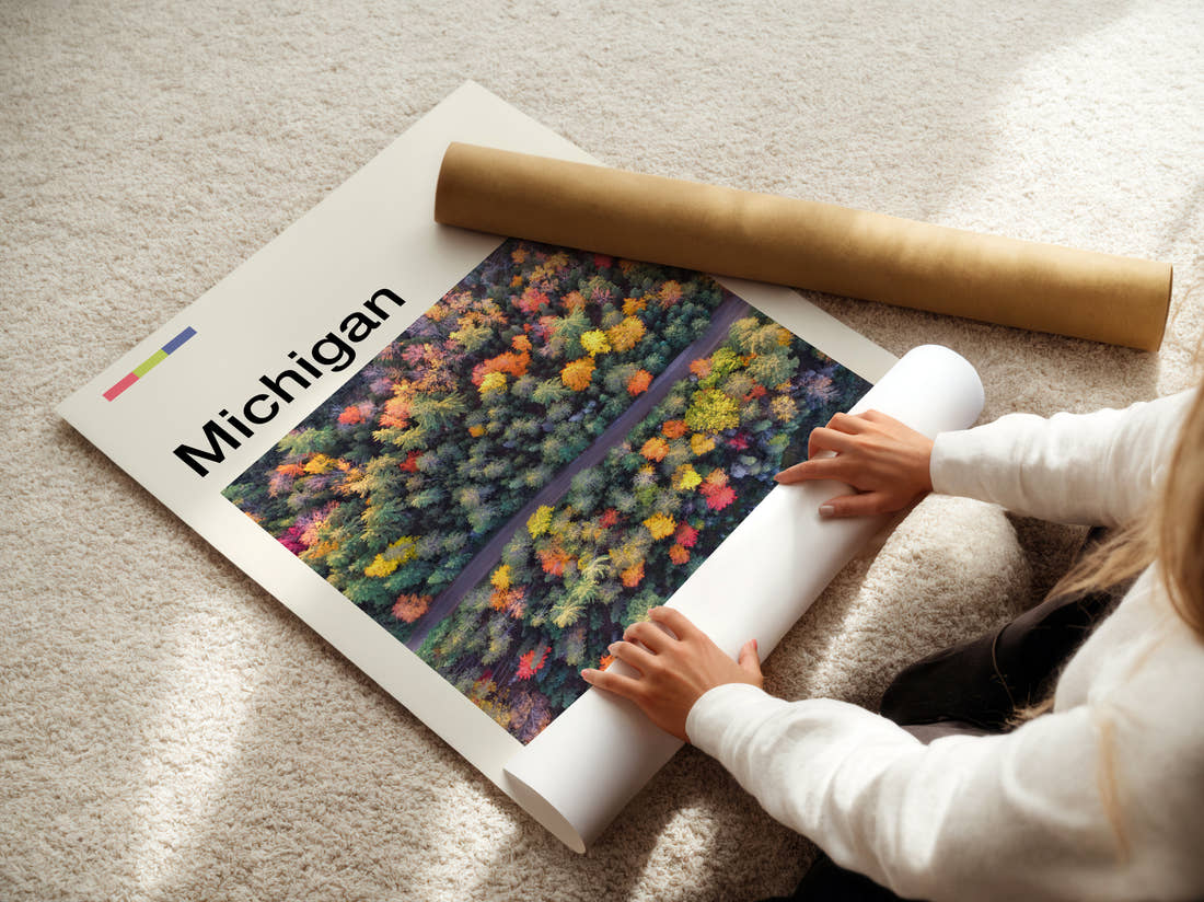 Michigan Aerial Autumn Forest Travel Print being unrolled from its postal tube