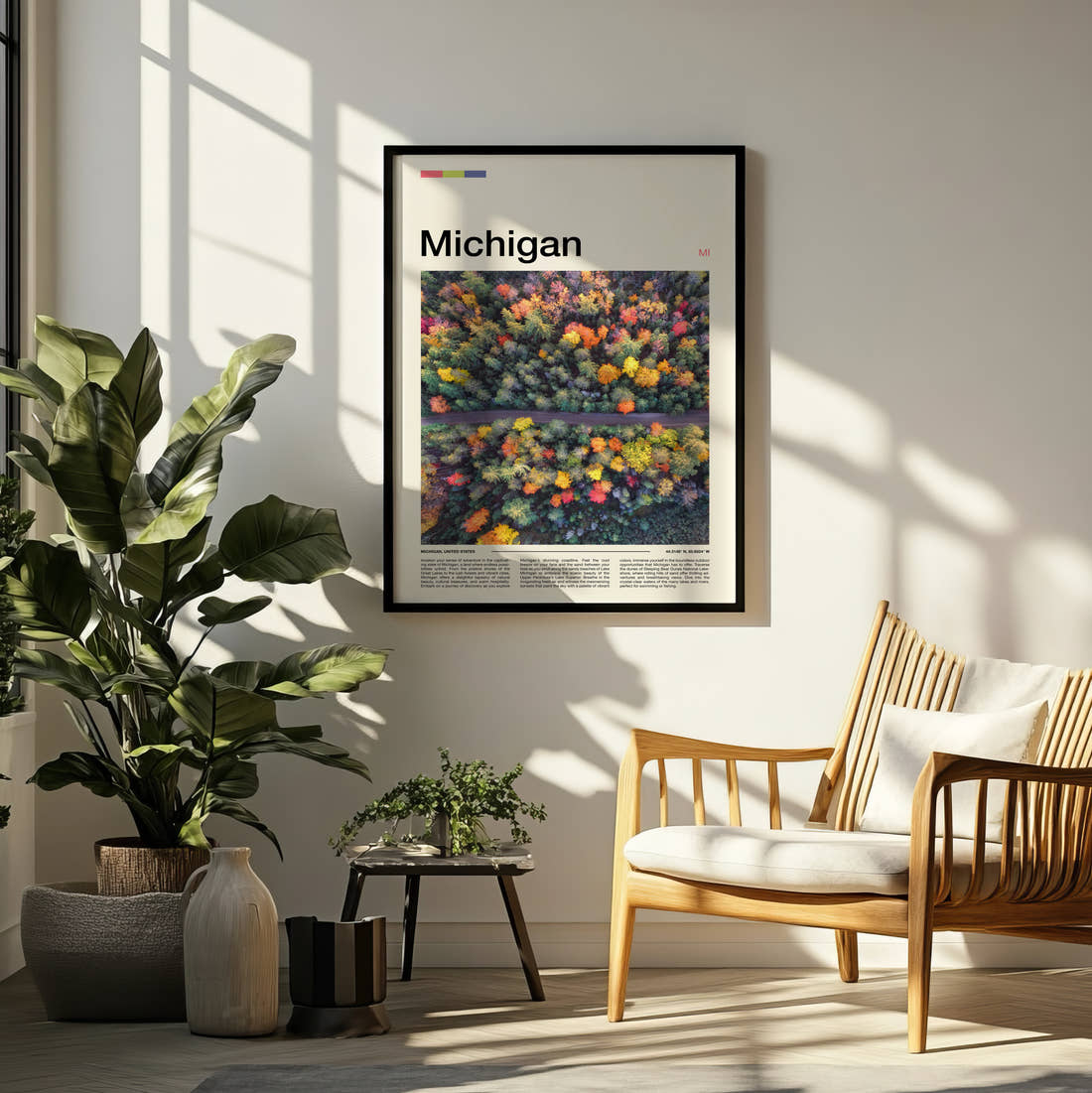 Michigan Aerial Autumn Forest Travel Print framed on a pale wall beside houseplants