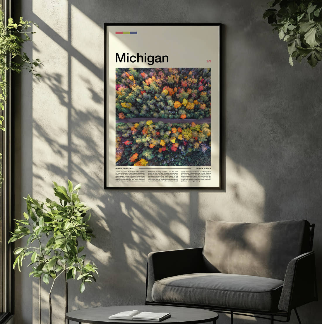 Michigan Aerial Autumn Forest Travel Print framed on the wall of a relaxed living room