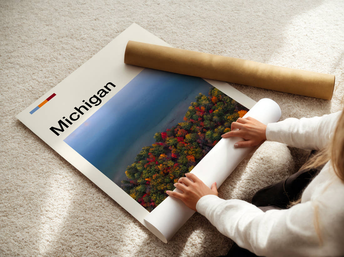 Michigan Autumn Trees By Water Travel Print being unrolled from its postal tube
