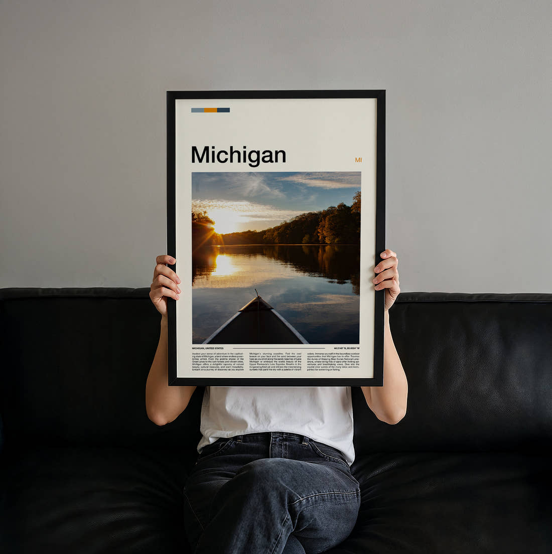 Michigan Canoe On The Lake Travel Print held up by hand to show the size of the print
