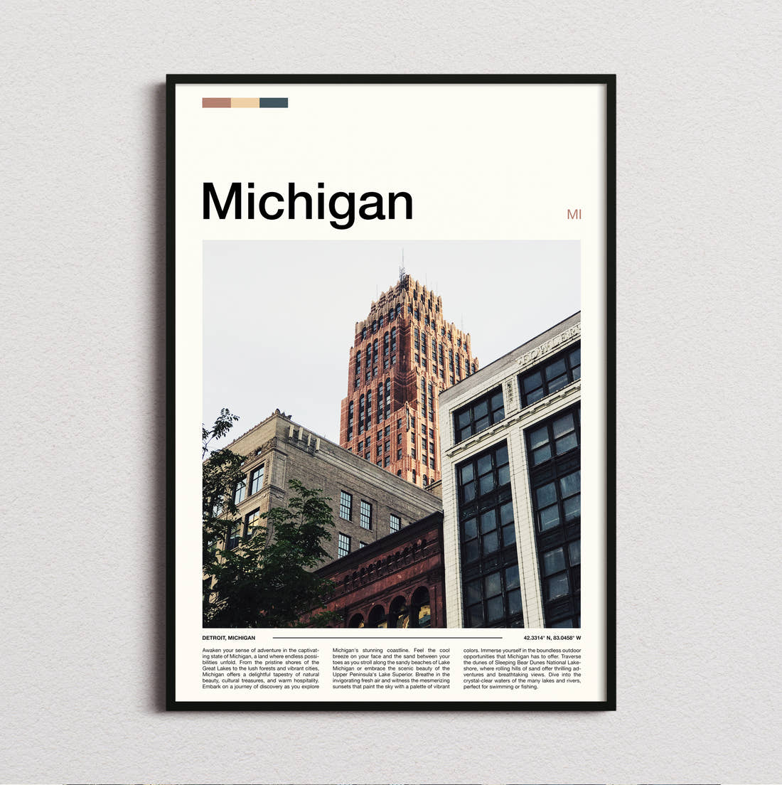 Michigan Art Deco Tower Travel Print framed and photographed straight on
