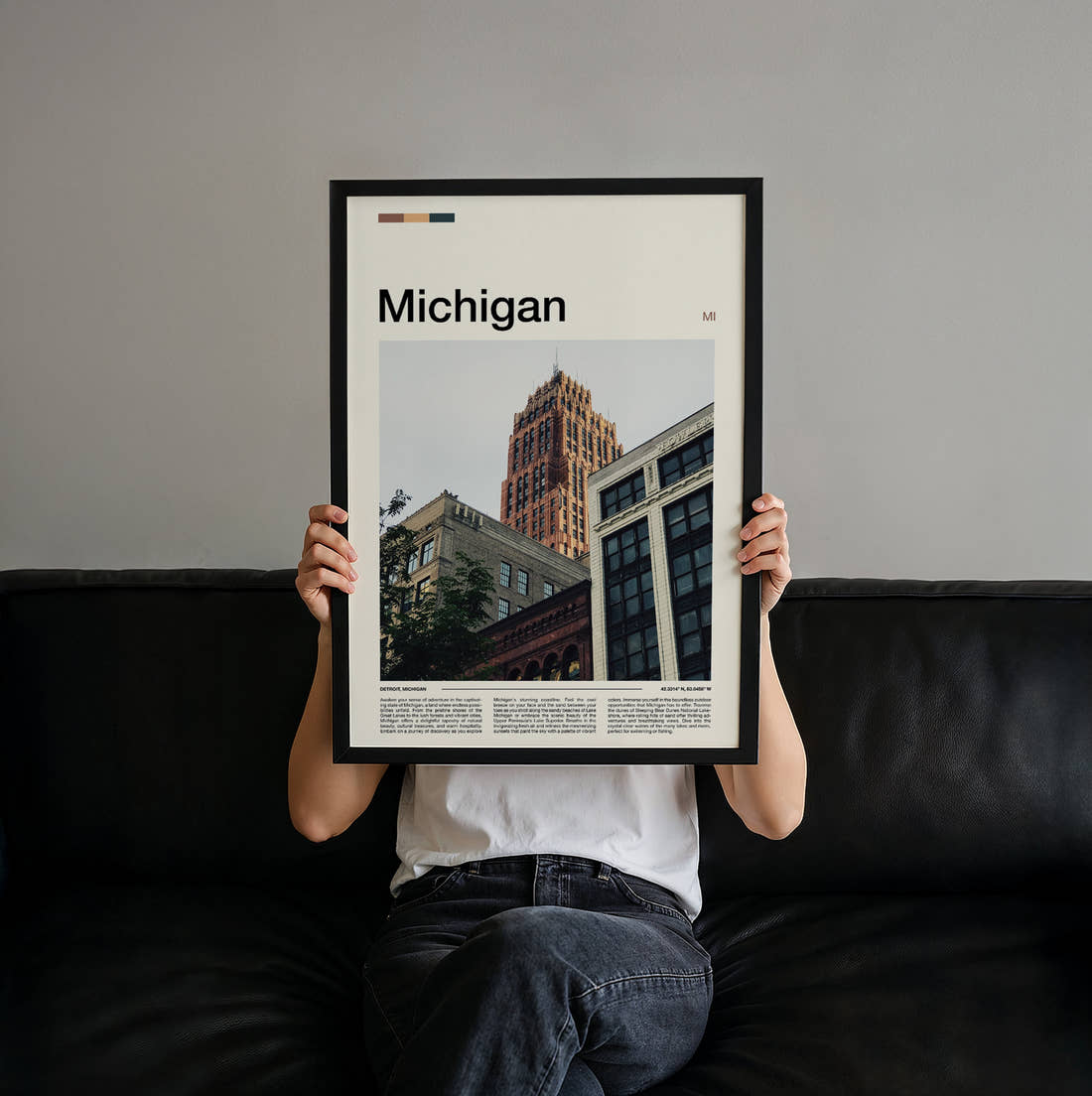 Michigan Art Deco Tower Travel Print held up by hand to show the size of the print
