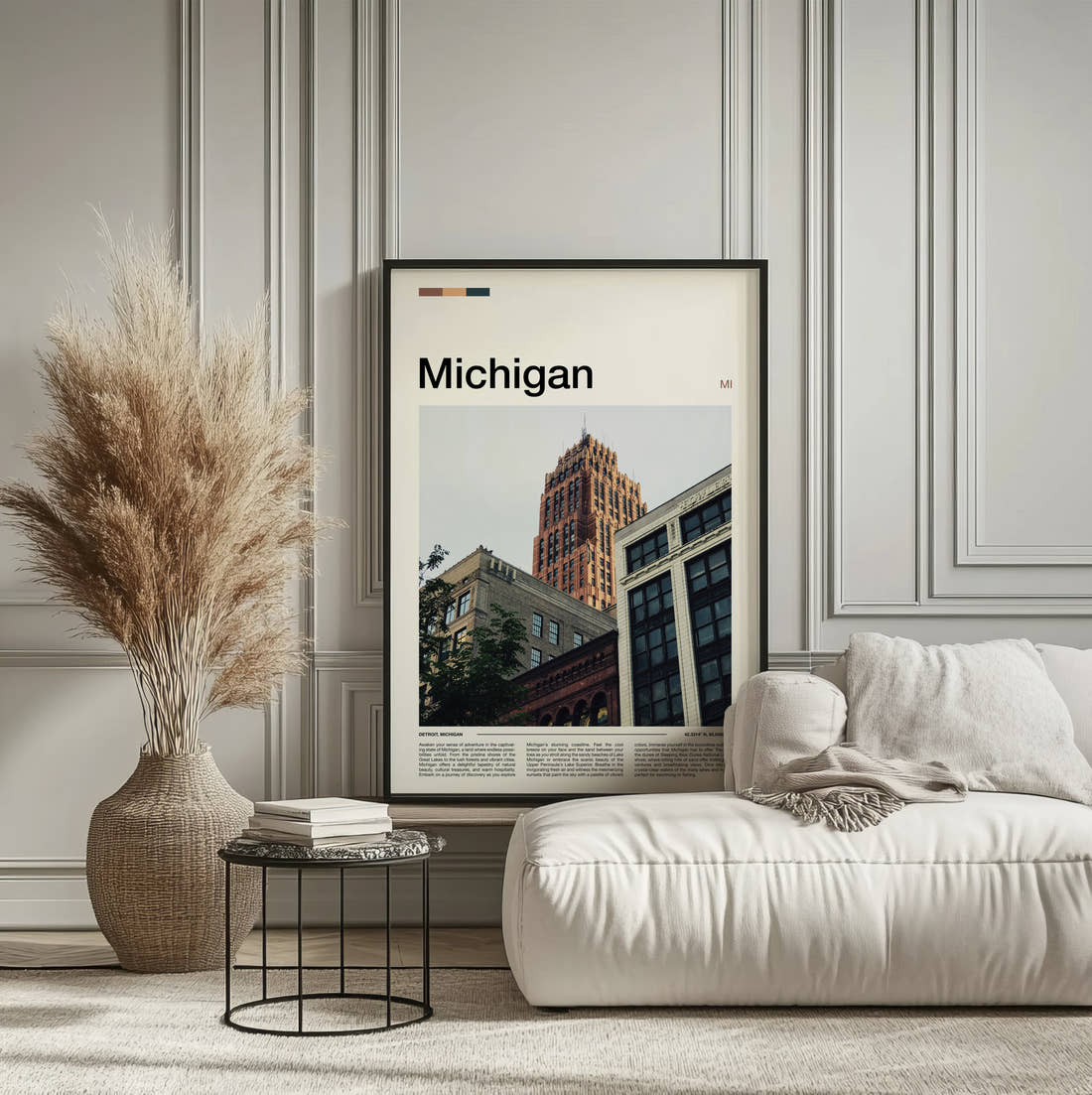 Michigan Art Deco Tower Travel Print framed on the wall of a calm, neutral bedroom
