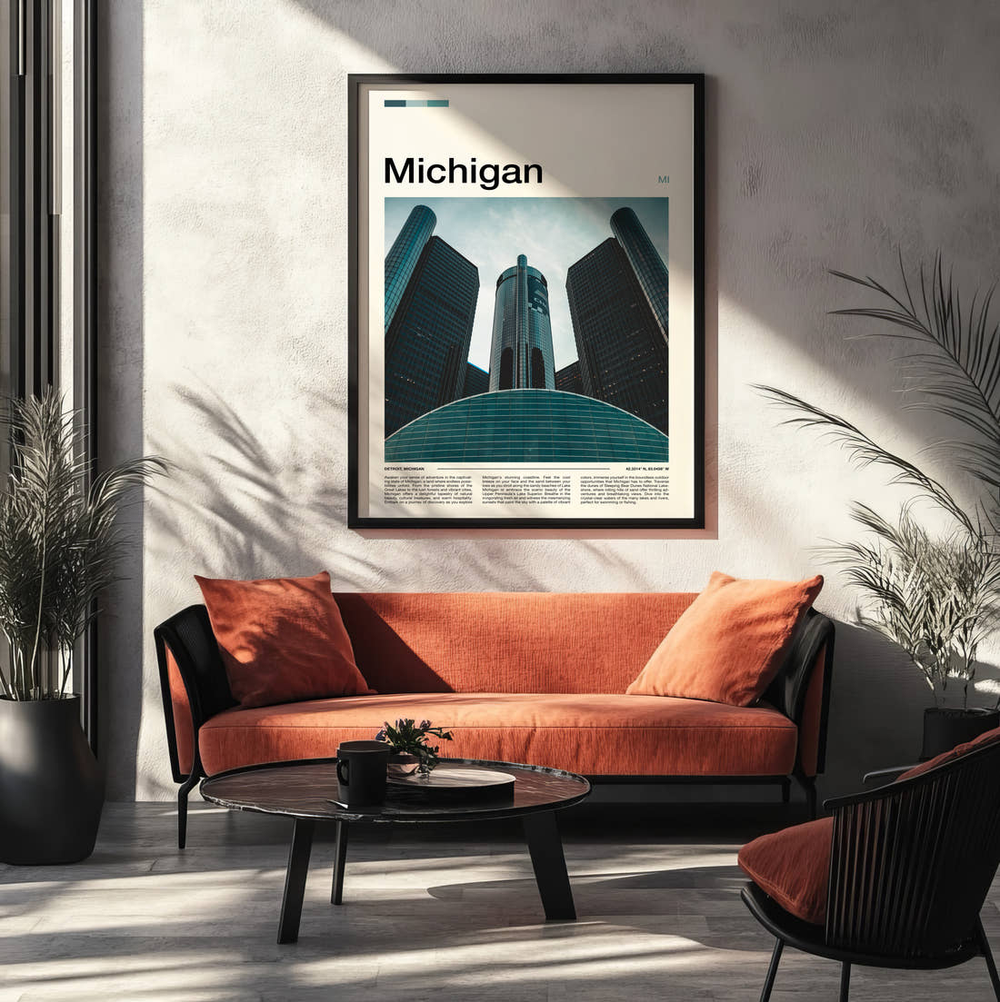 Michigan Renaissance Center Travel Print framed on the wall of a modern living room