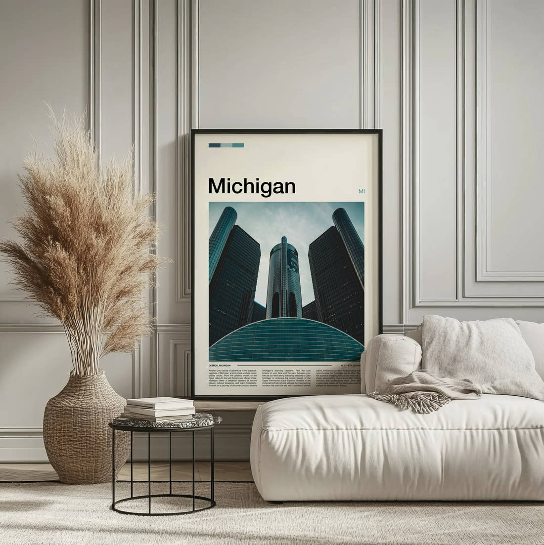 Michigan Renaissance Center Travel Print framed on the wall of a calm, neutral bedroom