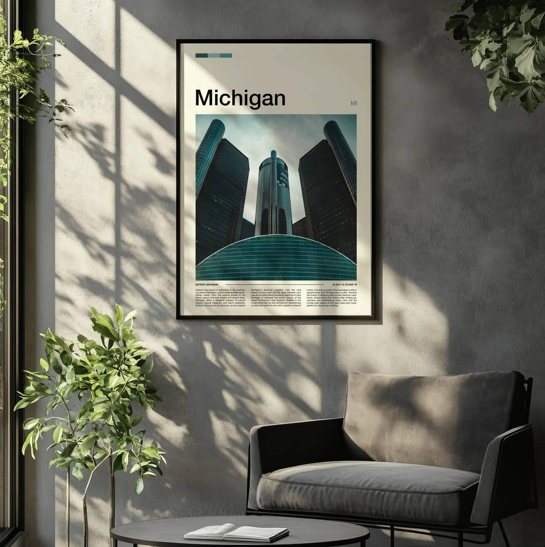 Michigan Renaissance Center Travel Print framed on the wall of a relaxed living room